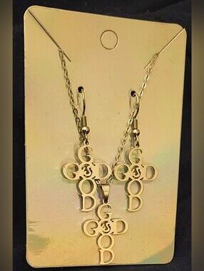 Silver-Tone God Is Good Cross Pendant Necklace and Earring Set